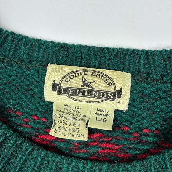 Eddie Bauer Legends Vintage 100% Wool Green Knit Fair Isle Snowflake Sweater - Picture 5 of 7